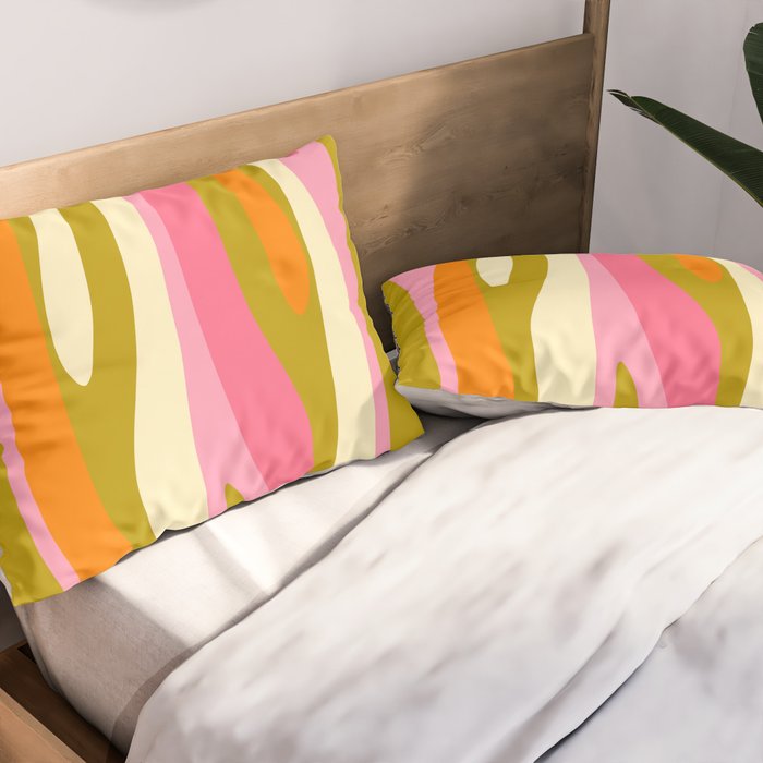 Abstract Wild Stripes Eclectic Pattern in Pink Chartreuse Orange Cream Pillow Sham Gallery Image 2