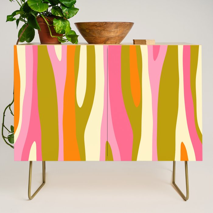 Abstract Wild Stripes Eclectic Pattern in Pink Chartreuse Orange Cream Credenza Gallery Image 1