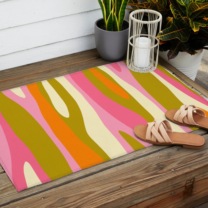Abstract Wild Stripes Eclectic Pattern in Pink Chartreuse Orange Cream Outdoor Rug Gallery Image 2