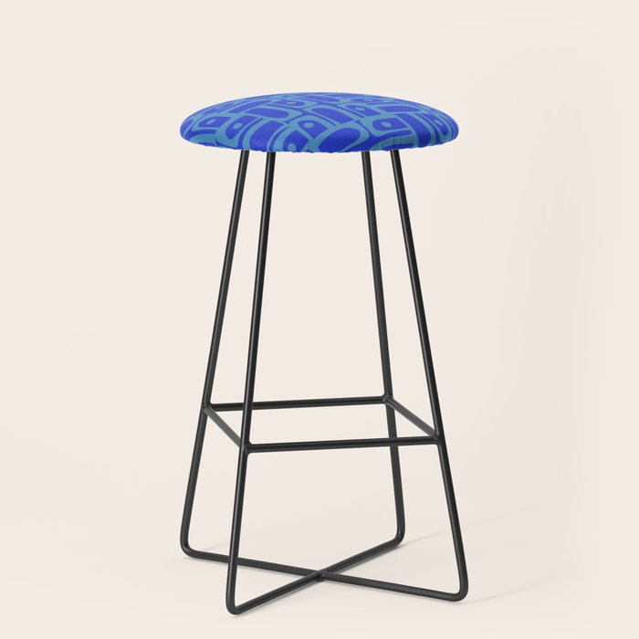 Mid Century Modern Piquet Abstract Multi Pattern in Cobalt and Sea Blue Stool Gallery Image 1