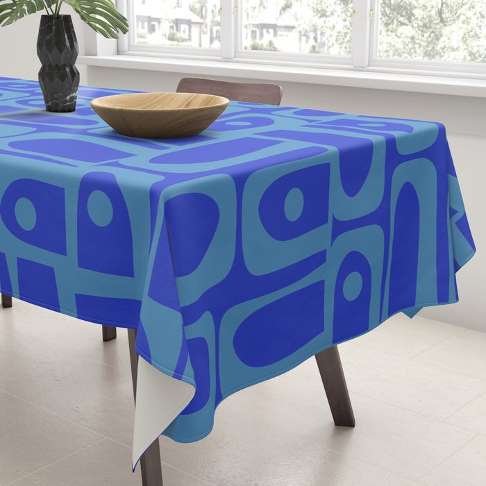 Mid Century Modern Piquet Abstract Multi Pattern in Cobalt and Sea Blue Tablecloth Gallery Image 3