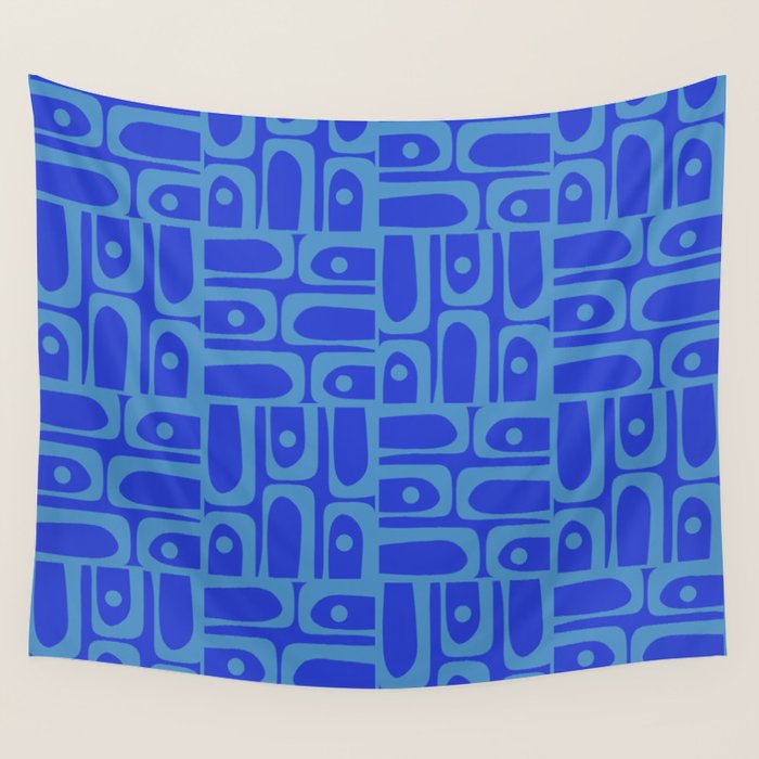 Mid Century Modern Piquet Abstract Multi Pattern in Cobalt and Sea Blue Wall Tapestry Gallery Image 4