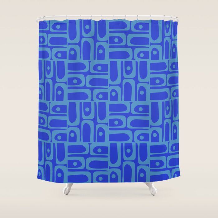 Mid Century Modern Piquet Abstract Multi Pattern in Cobalt and Sea Blue Shower Curtain Gallery Image 1