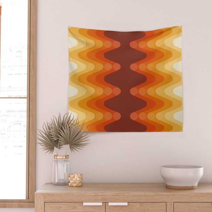 Retro 70s Style Geometric Sonic Wave Pattern 222 Orange Brown and Yellow Wall Tapestry Gallery Image 2