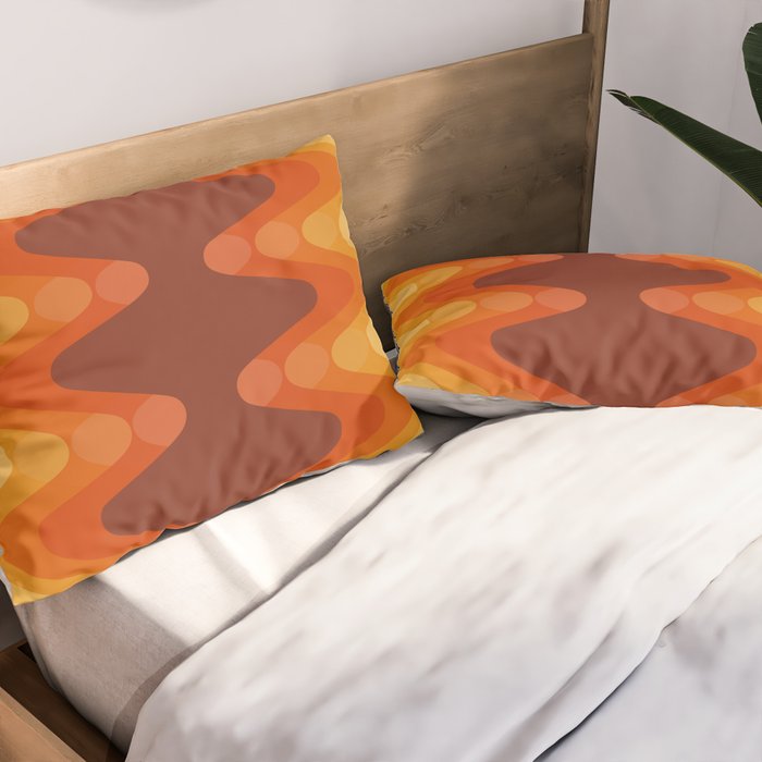 Retro 70s Style Geometric Sonic Wave Pattern 222 Orange Brown and Yellow Pillow Sham Gallery Image 2