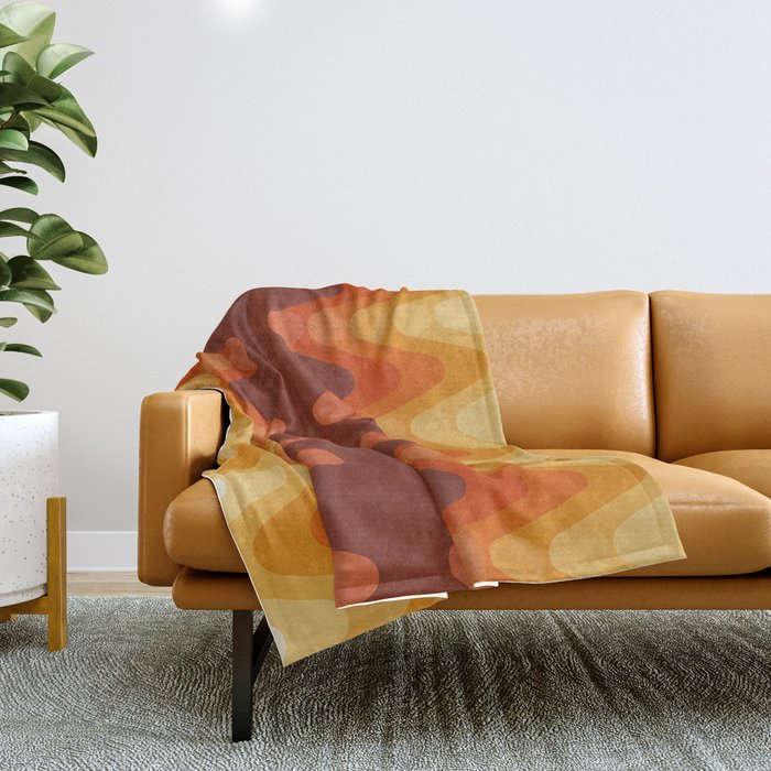 Retro 70s Style Geometric Sonic Wave Pattern 222 Orange Brown and Yellow Throw Blanket Gallery Image 1