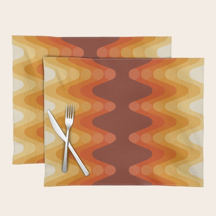 Retro 70s Style Geometric Sonic Wave Pattern 222 Orange Brown and Yellow Placemat Gallery Image 1