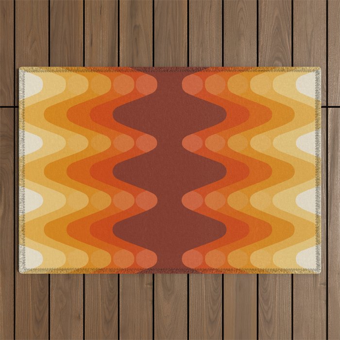 Retro 70s Style Geometric Sonic Wave Pattern 222 Orange Brown and Yellow Outdoor Rug Gallery Image 1