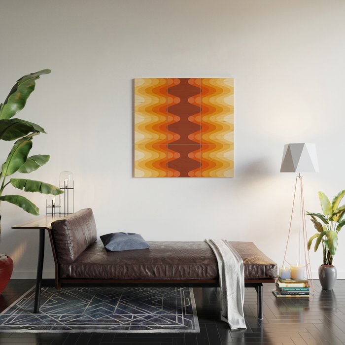 Retro 70s Style Geometric Sonic Wave Pattern 222 Orange Brown and Yellow Wood Wall Art Gallery Image 2