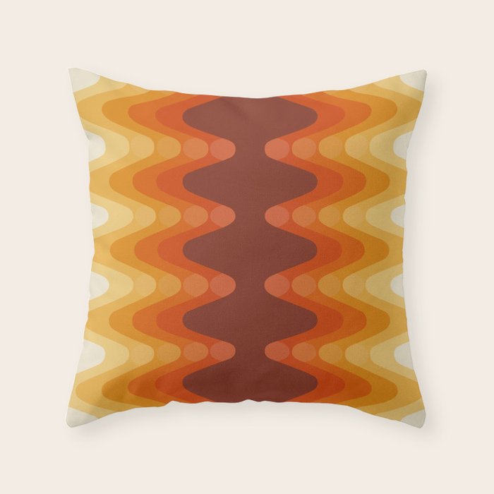 Retro 70s Style Geometric Sonic Wave Pattern 222 Orange Brown and Yellow Throw Pillow Gallery Image 6