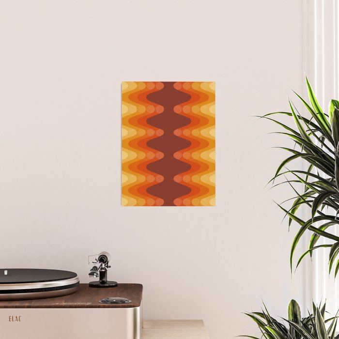 Retro 70s Style Geometric Sonic Wave Pattern 222 Orange Brown and Yellow Poster Gallery Image 2