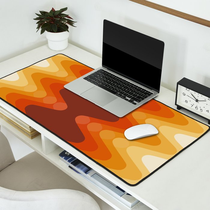 Retro 70s Style Geometric Sonic Wave Pattern 222 Orange Brown and Yellow Desk Mat Gallery Image 2