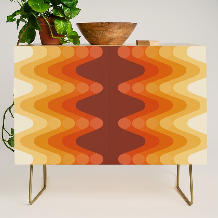 Retro 70s Style Geometric Sonic Wave Pattern 222 Orange Brown and Yellow Credenza Gallery Image 1
