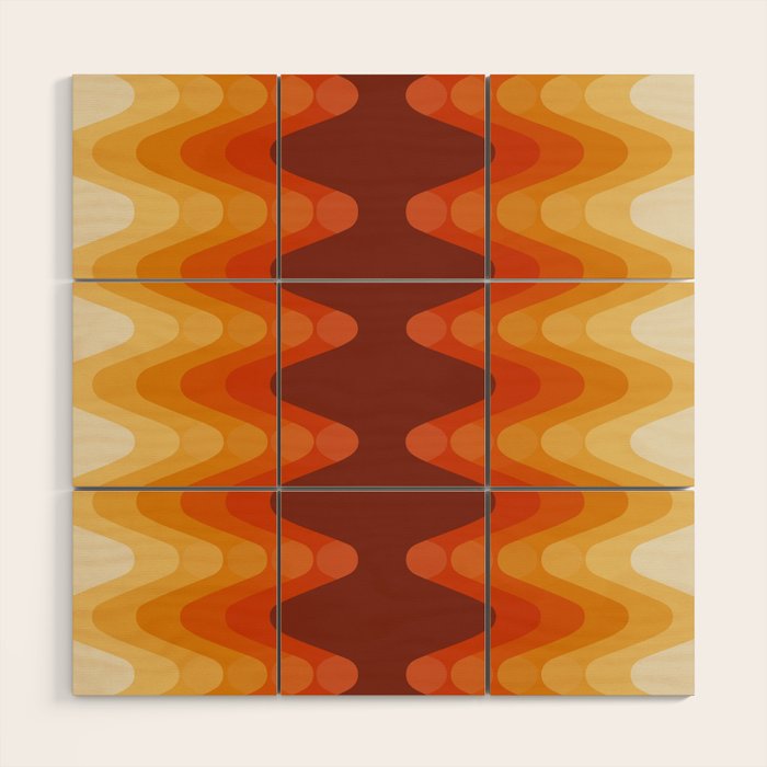Retro 70s Style Geometric Sonic Wave Pattern 222 Orange Brown and Yellow Wood Wall Art Gallery Image 1