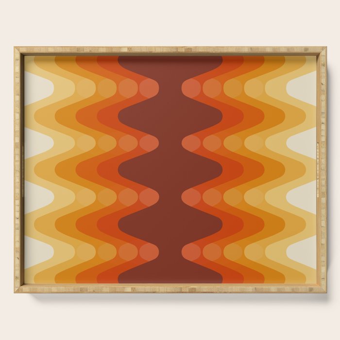 Retro 70s Style Geometric Sonic Wave Pattern 222 Orange Brown and Yellow Serving Tray Gallery Image 1