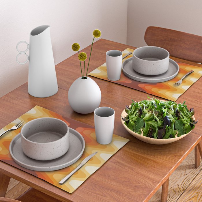 Retro 70s Style Geometric Sonic Wave Pattern 222 Orange Brown and Yellow Placemat Gallery Image 2