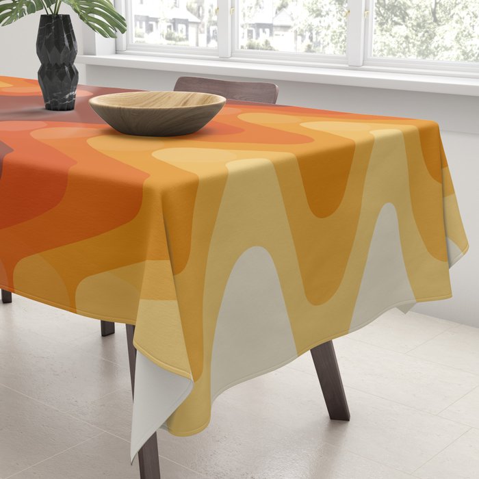 Retro 70s Style Geometric Sonic Wave Pattern 222 Orange Brown and Yellow Tablecloth Gallery Image 3
