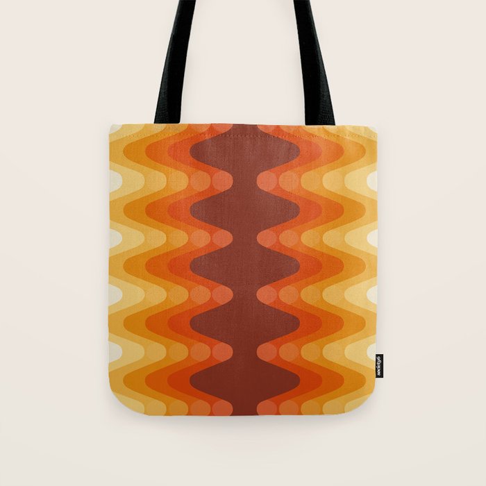 Retro 70s Style Geometric Sonic Wave Pattern 222 Orange Brown and Yellow Tote Bag Gallery Image 1