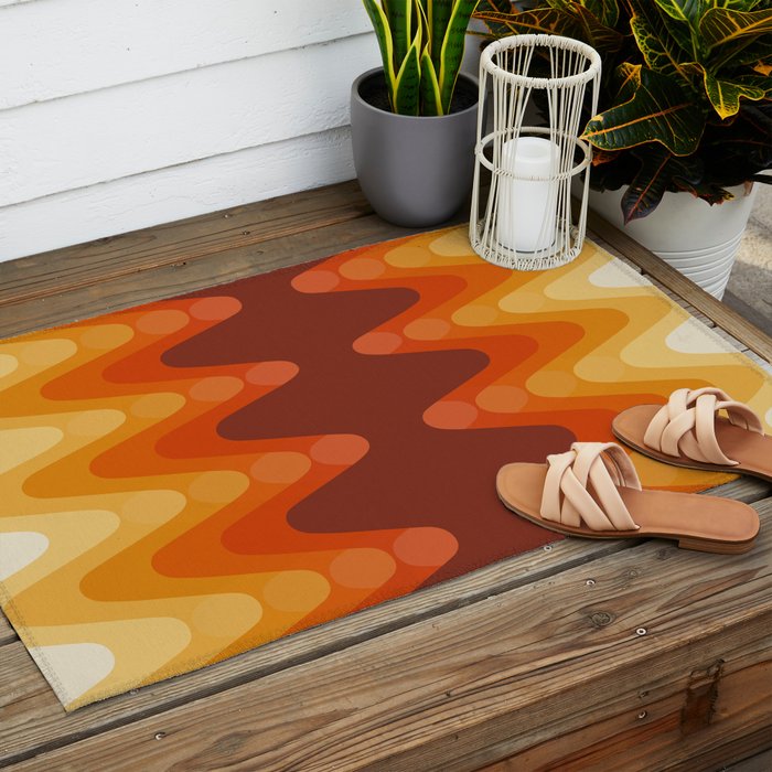Retro 70s Style Geometric Sonic Wave Pattern 222 Orange Brown and Yellow Outdoor Rug Gallery Image 2