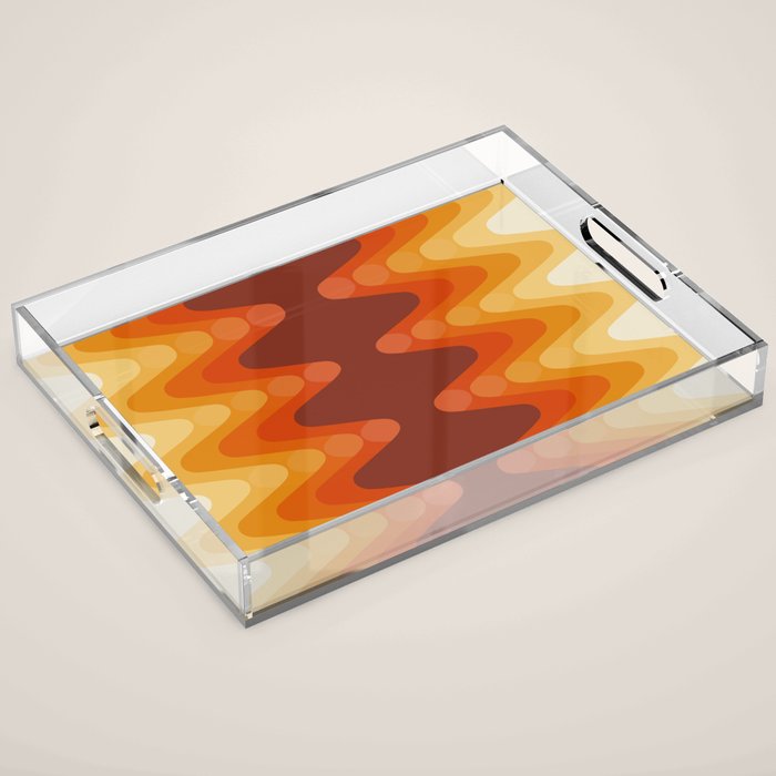 Retro 70s Style Geometric Sonic Wave Pattern 222 Orange Brown and Yellow Acrylic Tray Gallery Image 1