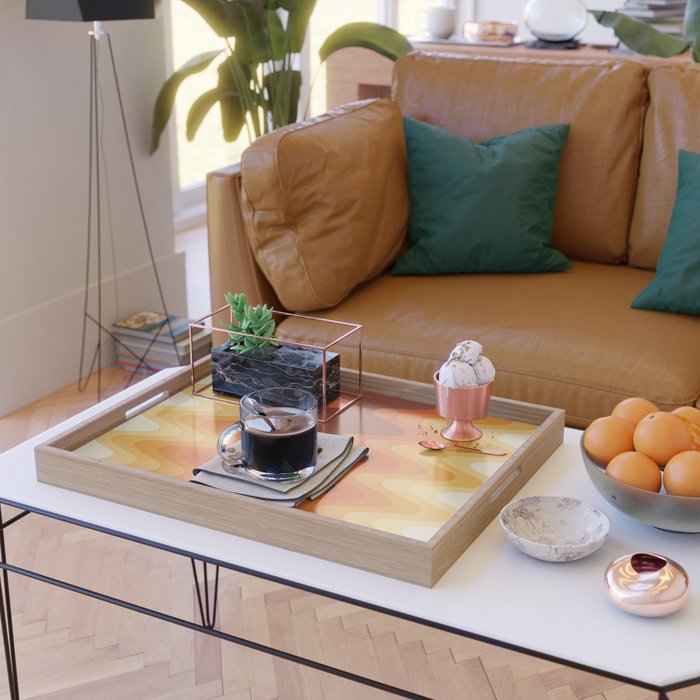 Retro 70s Style Geometric Sonic Wave Pattern 222 Orange Brown and Yellow Serving Tray Gallery Image 2