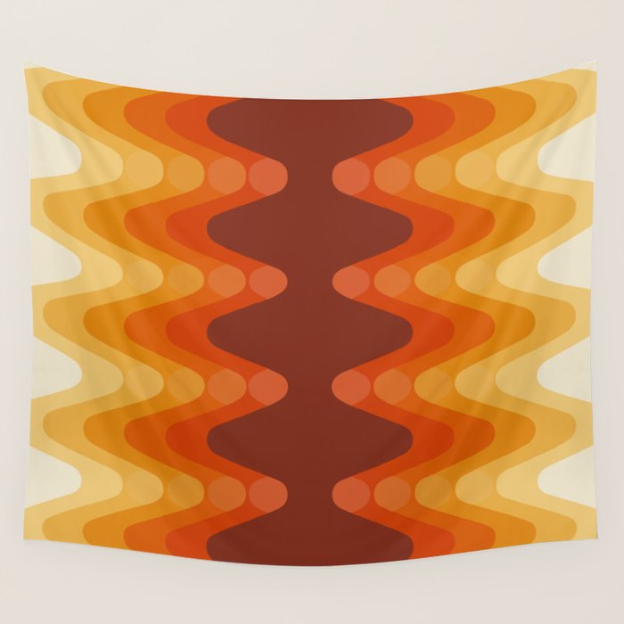 Retro 70s Style Geometric Sonic Wave Pattern 222 Orange Brown and Yellow Wall Tapestry Gallery Image 4