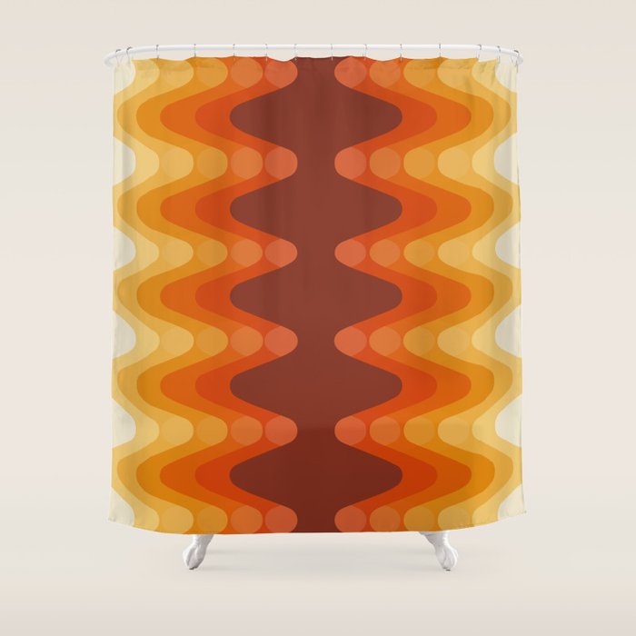 Retro 70s Style Geometric Sonic Wave Pattern 222 Orange Brown and Yellow Shower Curtain Gallery Image 1