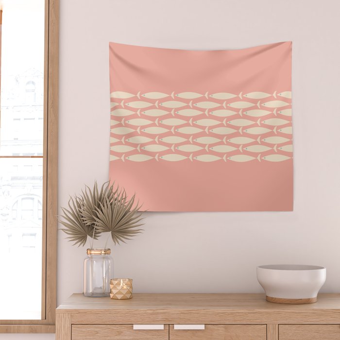 Mid Century Modern Fish Stripe Minimalist Pattern in Soft Blush Pink and Cream Wall Tapestry Gallery Image 2