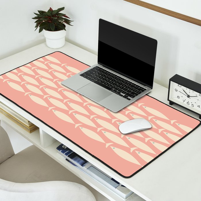 Mid Century Modern Fish Stripe Minimalist Pattern in Soft Blush Pink and Cream Desk Mat Gallery Image 2