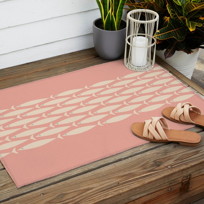 Mid Century Modern Fish Stripe Minimalist Pattern in Soft Blush Pink and Cream Outdoor Rug Gallery Image 2