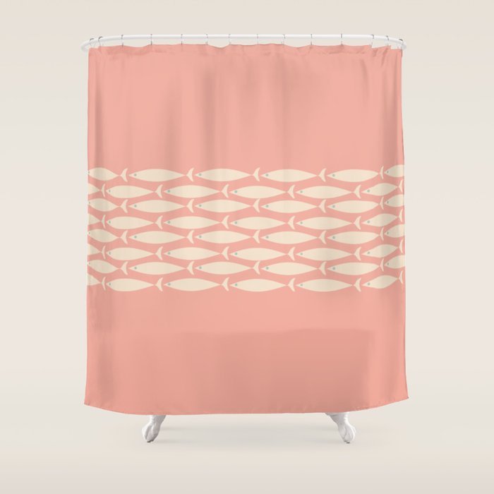 Mid Century Modern Fish Stripe Minimalist Pattern in Soft Blush Pink and Cream Shower Curtain Gallery Image 1