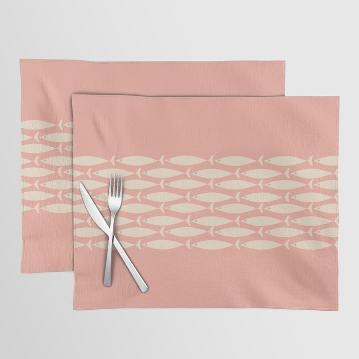 Mid Century Modern Fish Stripe Minimalist Pattern in Soft Blush Pink and Cream Placemat Gallery Image 1
