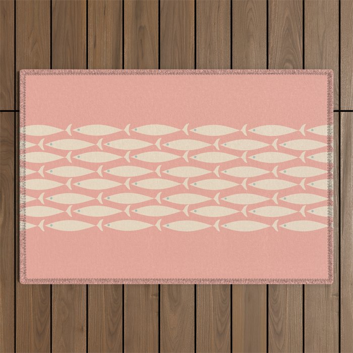 Mid Century Modern Fish Stripe Minimalist Pattern in Soft Blush Pink and Cream Outdoor Rug Gallery Image 1