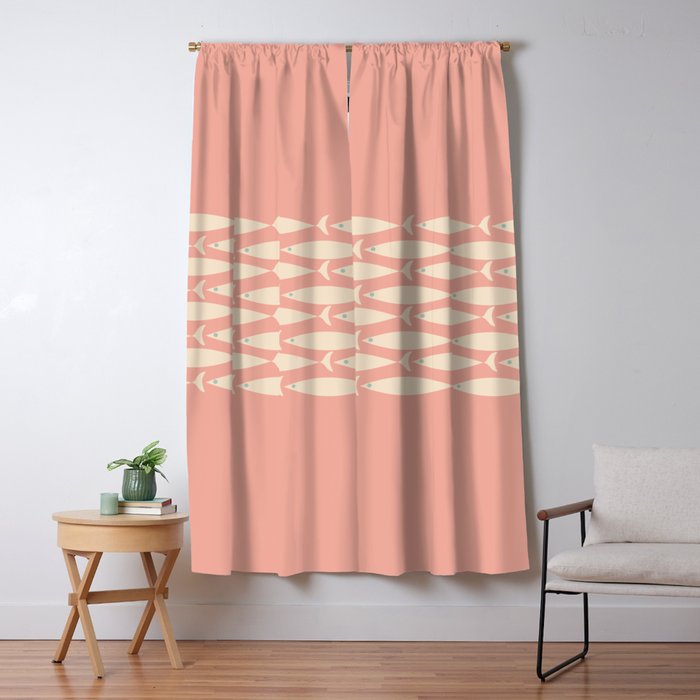 Mid Century Modern Fish Stripe Minimalist Pattern in Soft Blush Pink and Cream Window Curtain Gallery Image 1