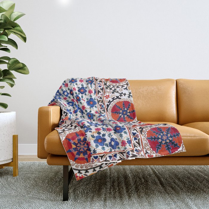 Kermina Nim Suzani  Antique Uzbekistan Embroidery Print Throw Blanket Gallery Image 1