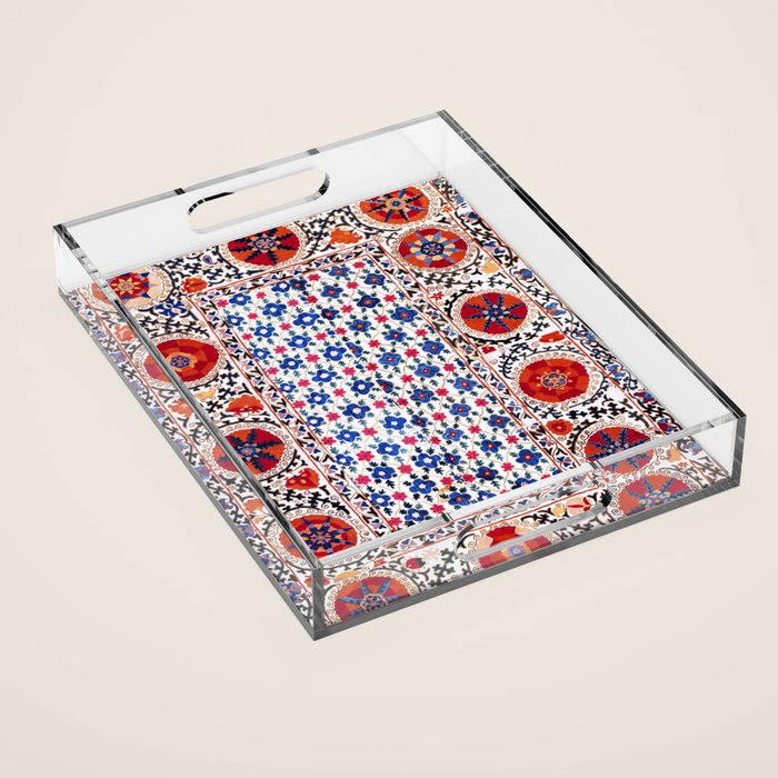 Kermina Nim Suzani  Antique Uzbekistan Embroidery Print Acrylic Tray Gallery Image 1