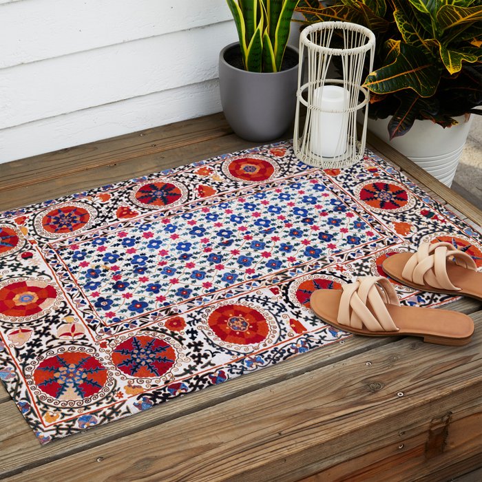 Kermina Nim Suzani  Antique Uzbekistan Embroidery Print Outdoor Rug Gallery Image 2