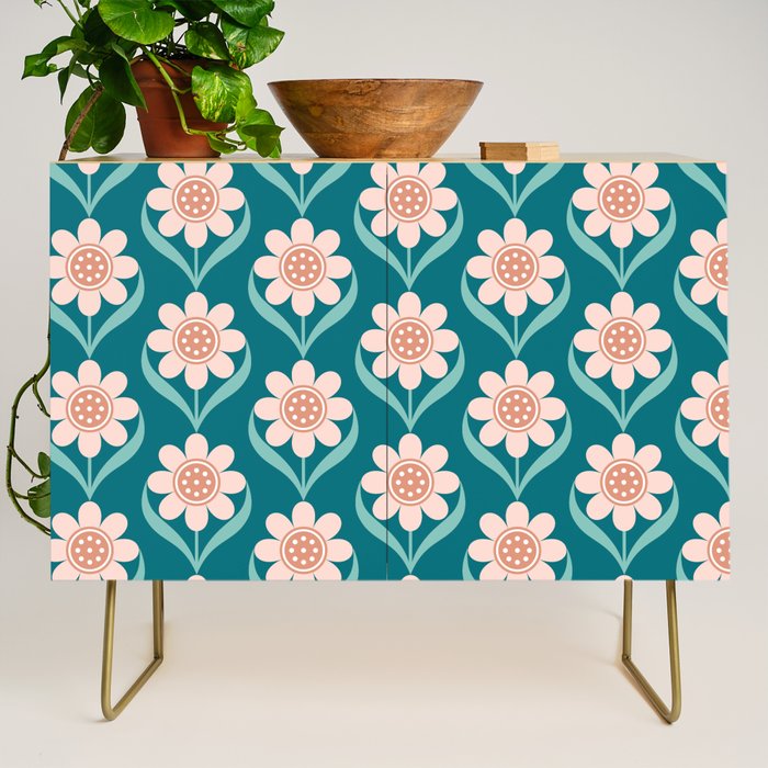 Scandinavian Floral Pattern, Turquoise, Peach and Salmon Pink Retro Flowers Credenza Gallery Image 1