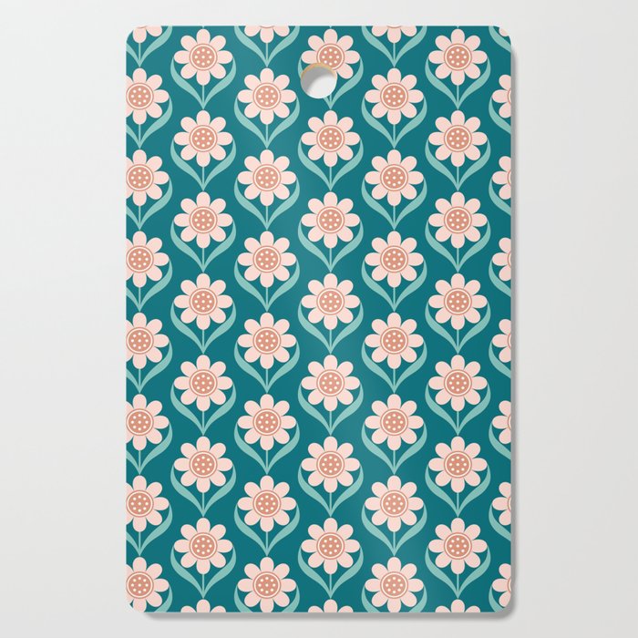 Scandinavian Floral Pattern, Turquoise, Peach and Salmon Pink Retro Flowers Cutting Board Gallery Image 1