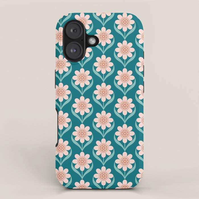 Scandinavian Floral Pattern, Turquoise, Peach and Salmon Pink Retro Flowers iPhone Case Gallery Image 1