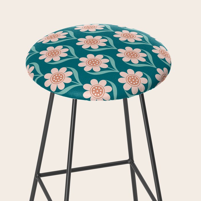 Scandinavian Floral Pattern, Turquoise, Peach and Salmon Pink Retro Flowers Stool Gallery Image 2