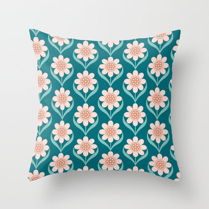 Scandinavian Floral Pattern, Turquoise, Peach and Salmon Pink Retro Flowers Throw Pillow Gallery Image 6