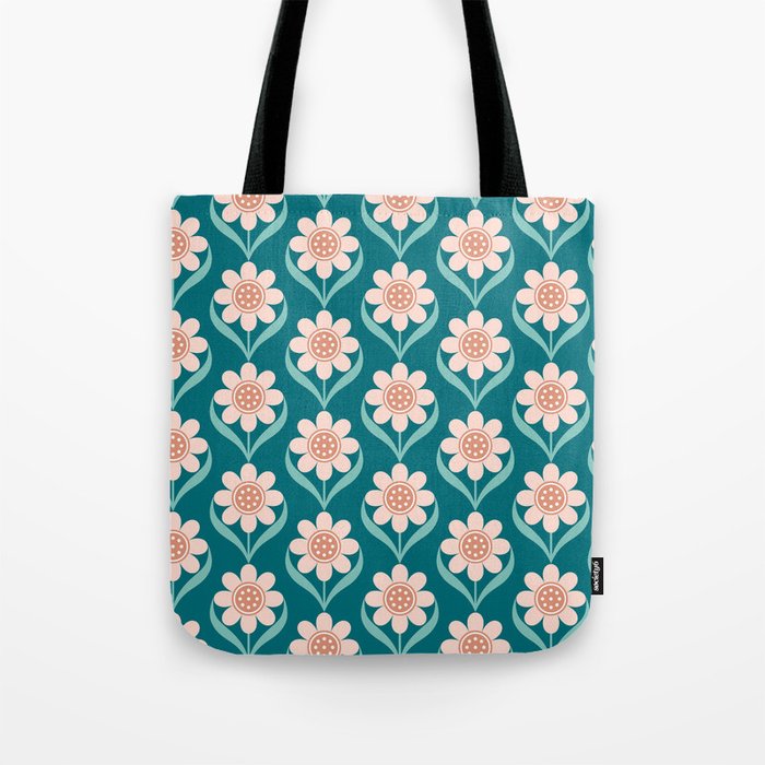 Scandinavian Floral Pattern, Turquoise, Peach and Salmon Pink Retro Flowers Tote Bag Gallery Image 1