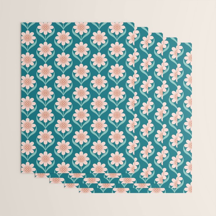Scandinavian Floral Pattern, Turquoise, Peach and Salmon Pink Retro Flowers Wrapping Paper Gallery Image 3