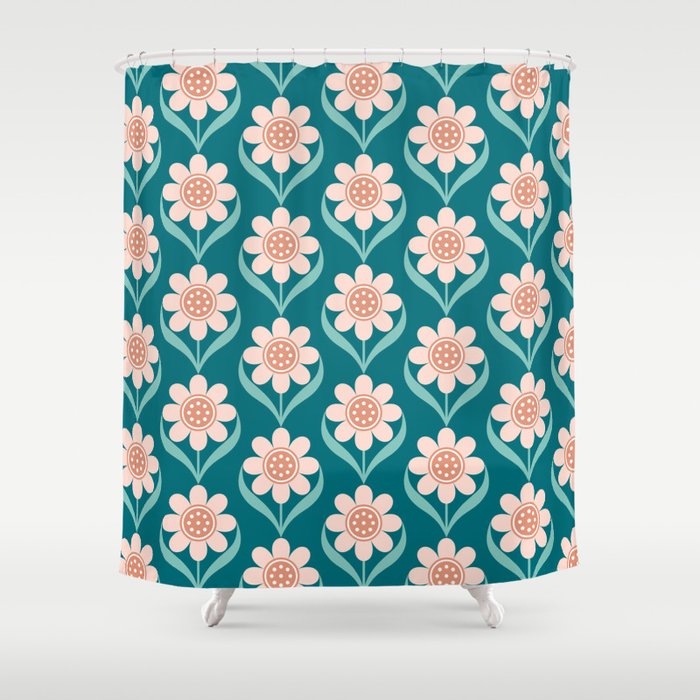 Scandinavian Floral Pattern, Turquoise, Peach and Salmon Pink Retro Flowers Shower Curtain Gallery Image 1