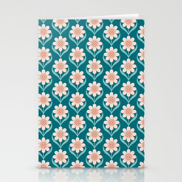 Scandinavian Floral Pattern, Turquoise, Peach and Salmon Pink Retro Flowers Stationery Card Gallery Image 2