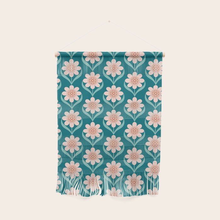 Scandinavian Floral Pattern, Turquoise, Peach and Salmon Pink Retro Flowers Wall Hanging Gallery Image 1