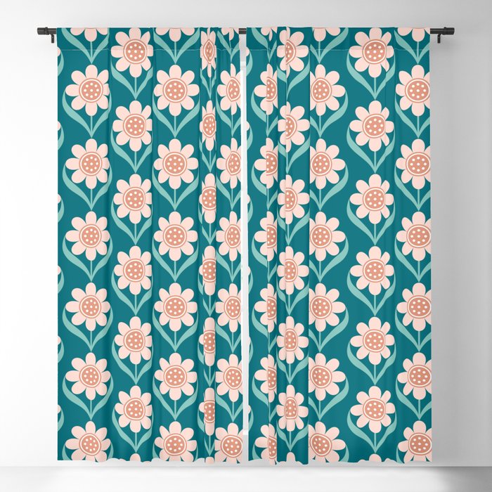 Scandinavian Floral Pattern, Turquoise, Peach and Salmon Pink Retro Flowers Window Curtain