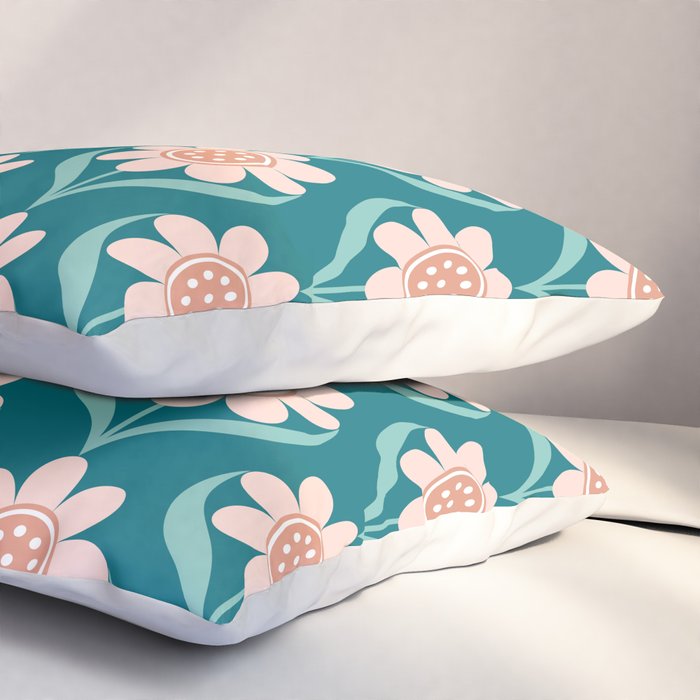 Scandinavian Floral Pattern, Turquoise, Peach and Salmon Pink Retro Flowers Pillow Sham Gallery Image 3