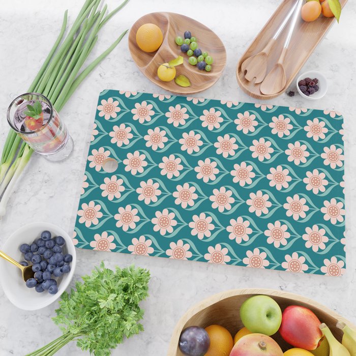 Scandinavian Floral Pattern, Turquoise, Peach and Salmon Pink Retro Flowers Cutting Board Gallery Image 2